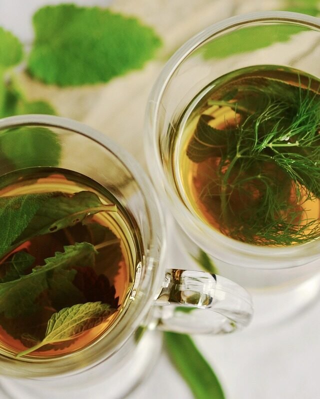 herbal tea, tea, herbs, cups, teacups, drinks, beverages, mint, sage, fennel flavor, nature, healthy, medicinal herbs, peppermint, leaves, tea herbs, herbal plant, glass for cold